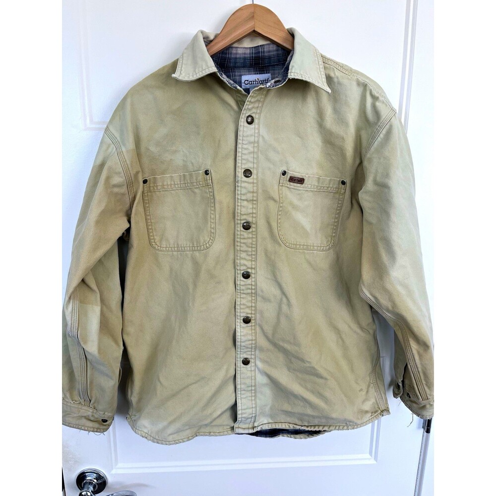 Carhartt Men's Medium Tan Duck Canvas Plaid Lined Snap Front Shirt Jac 2009 Y2K